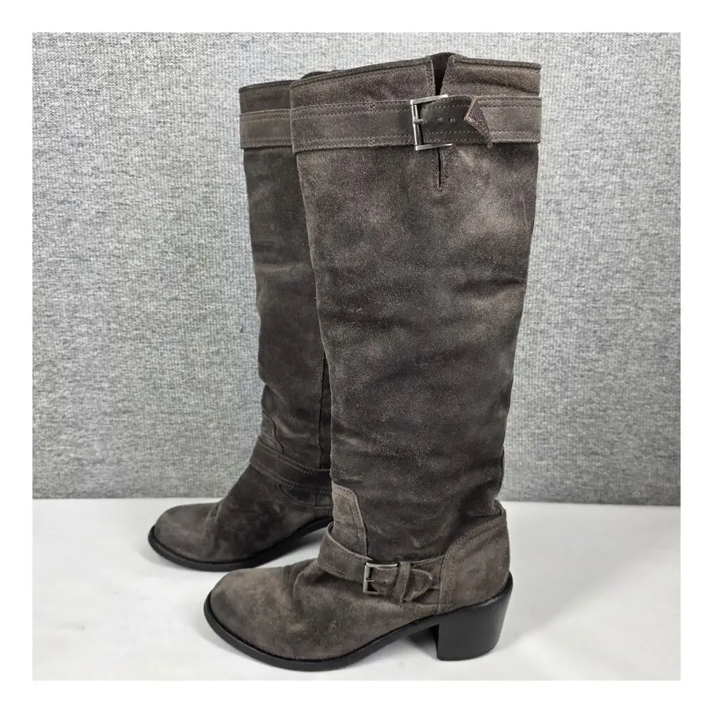 AGL GRAY SUEDE TALL RIDING BOOTS SIZE 36 EU / US 6 BUCKLE HEEL MINIMALIST CHIC